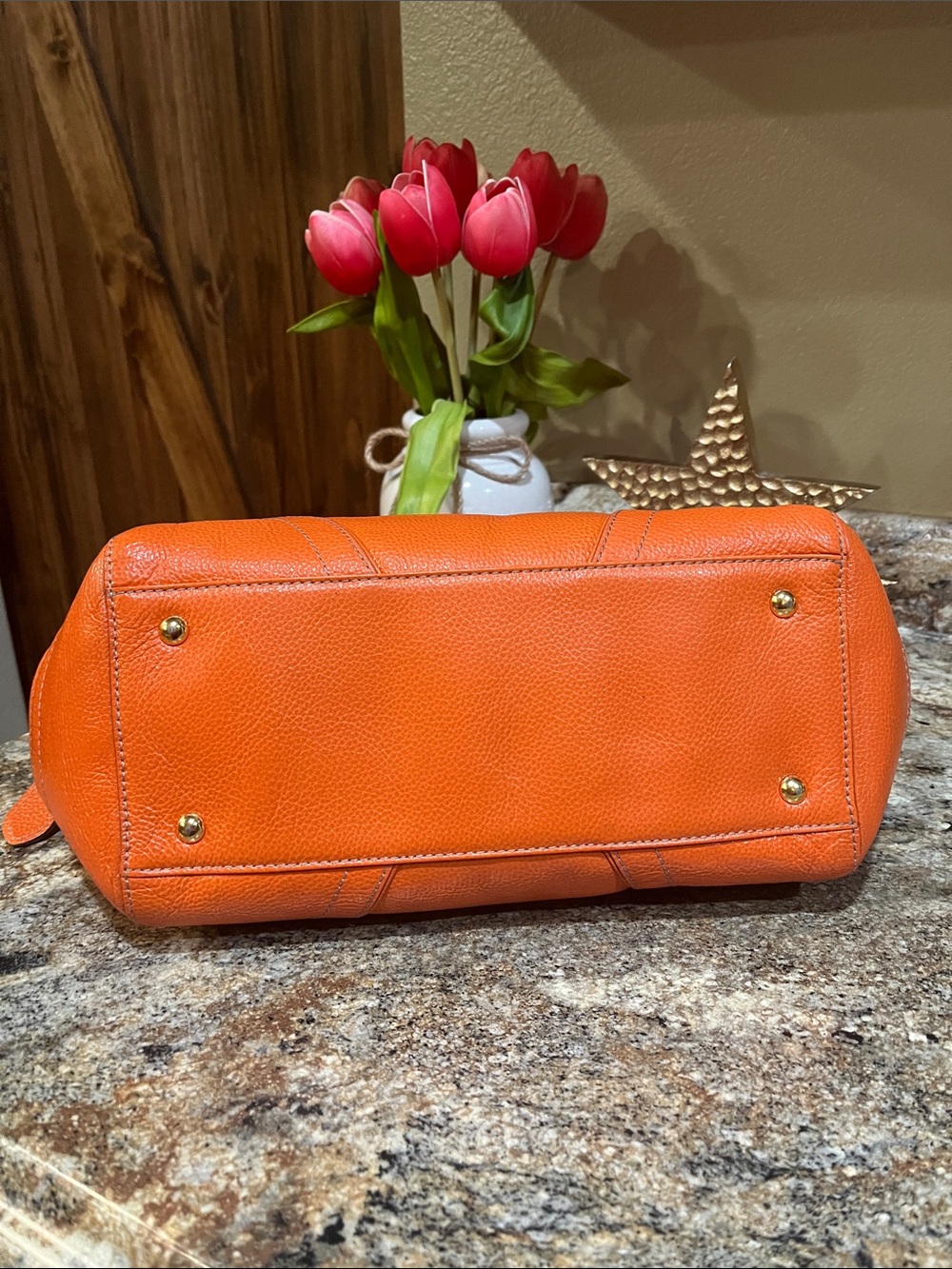 MCM Orange Pebbled Leather Dome Satchel with Gold-Tone Accents - Picture 9 of 13